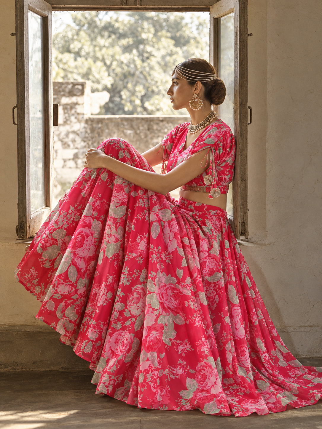 Women Red Floral Anarkali Skirt With Crop Top