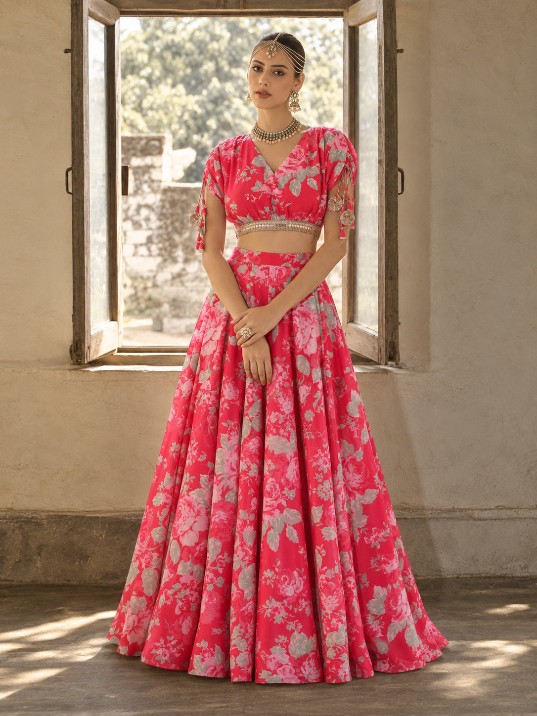 Women Red Floral Anarkali Skirt With Crop Top