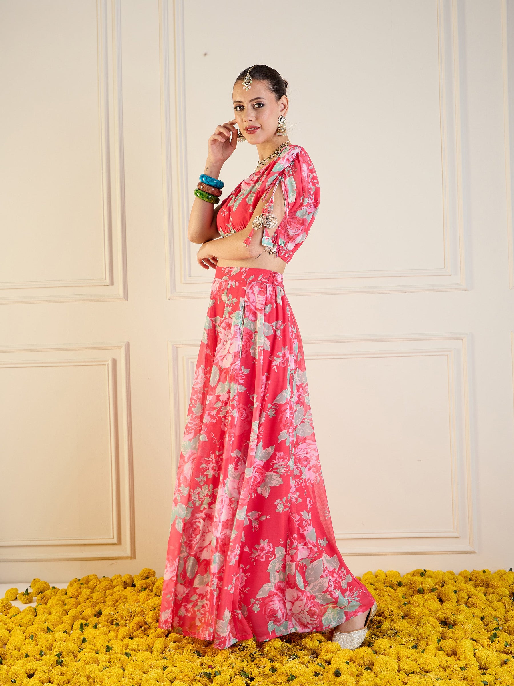 Red Floral Anarkali Skirt With Crop Top-Shae by SASSAFRAS