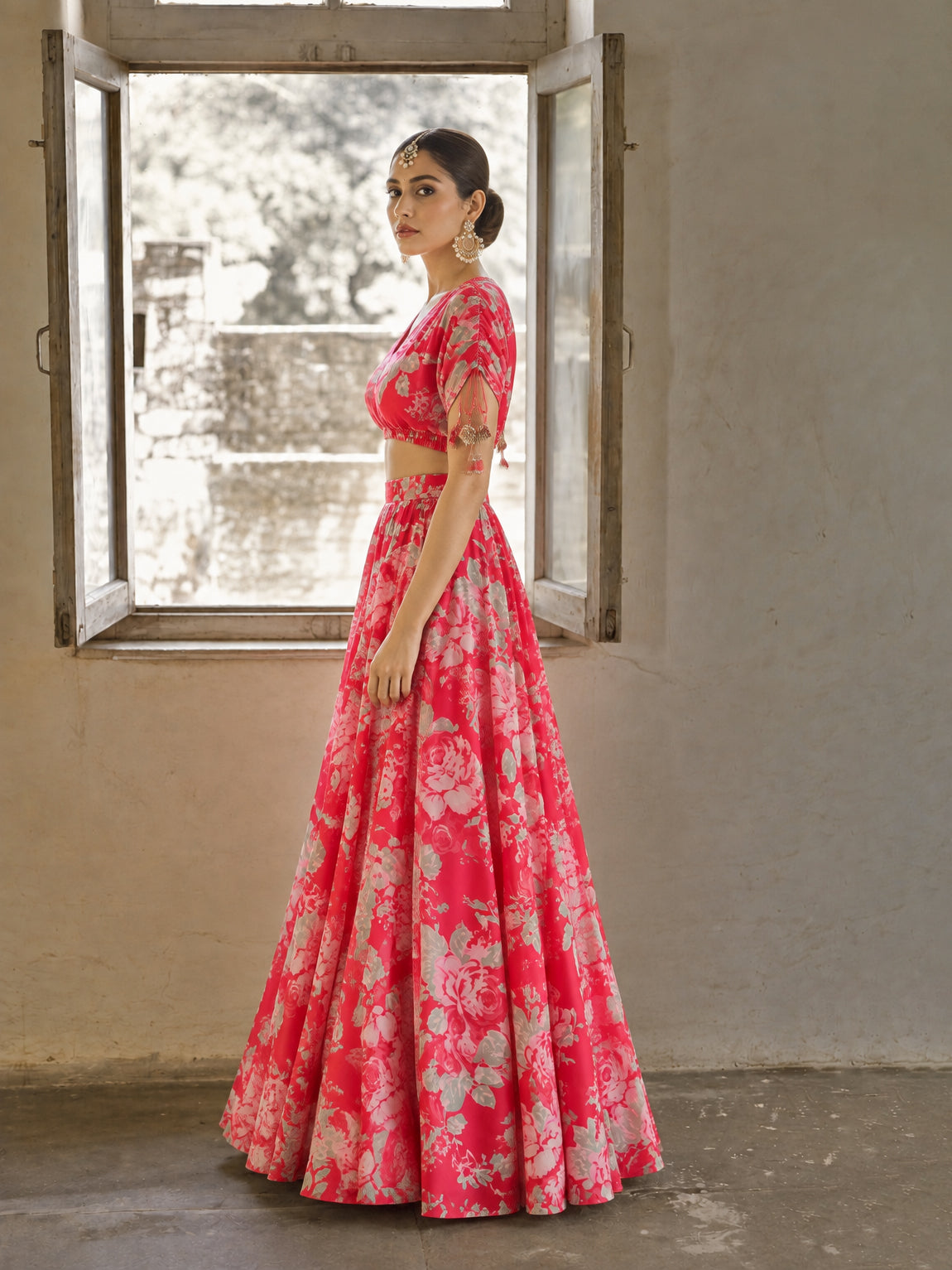 Women Red Floral Anarkali Skirt With Crop Top