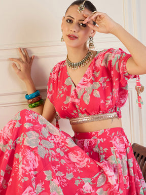 Red Floral Anarkali Skirt With Crop Top-Shae by SASSAFRAS