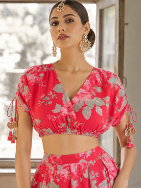 Women Red Floral Anarkali Skirt With Crop Top