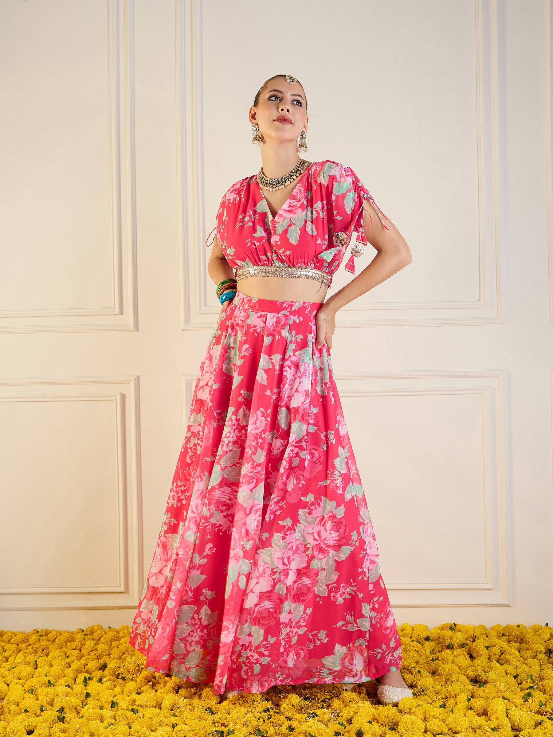 Red Floral Anarkali Skirt With Crop Top-Shae by SASSAFRAS