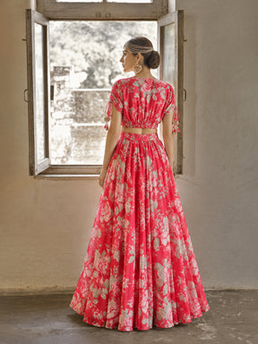 Women Red Floral Anarkali Skirt With Crop Top