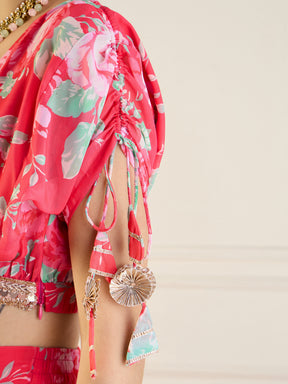 Women Red Floral Anarkali Skirt With Crop Top
