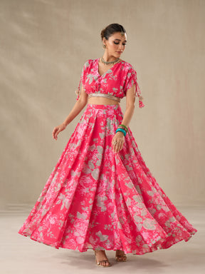 Red Floral Anarkali Skirt With Crop Top-Shae by SASSAFRAS