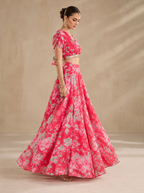 Red Floral Anarkali Skirt With Crop Top-Shae by SASSAFRAS
