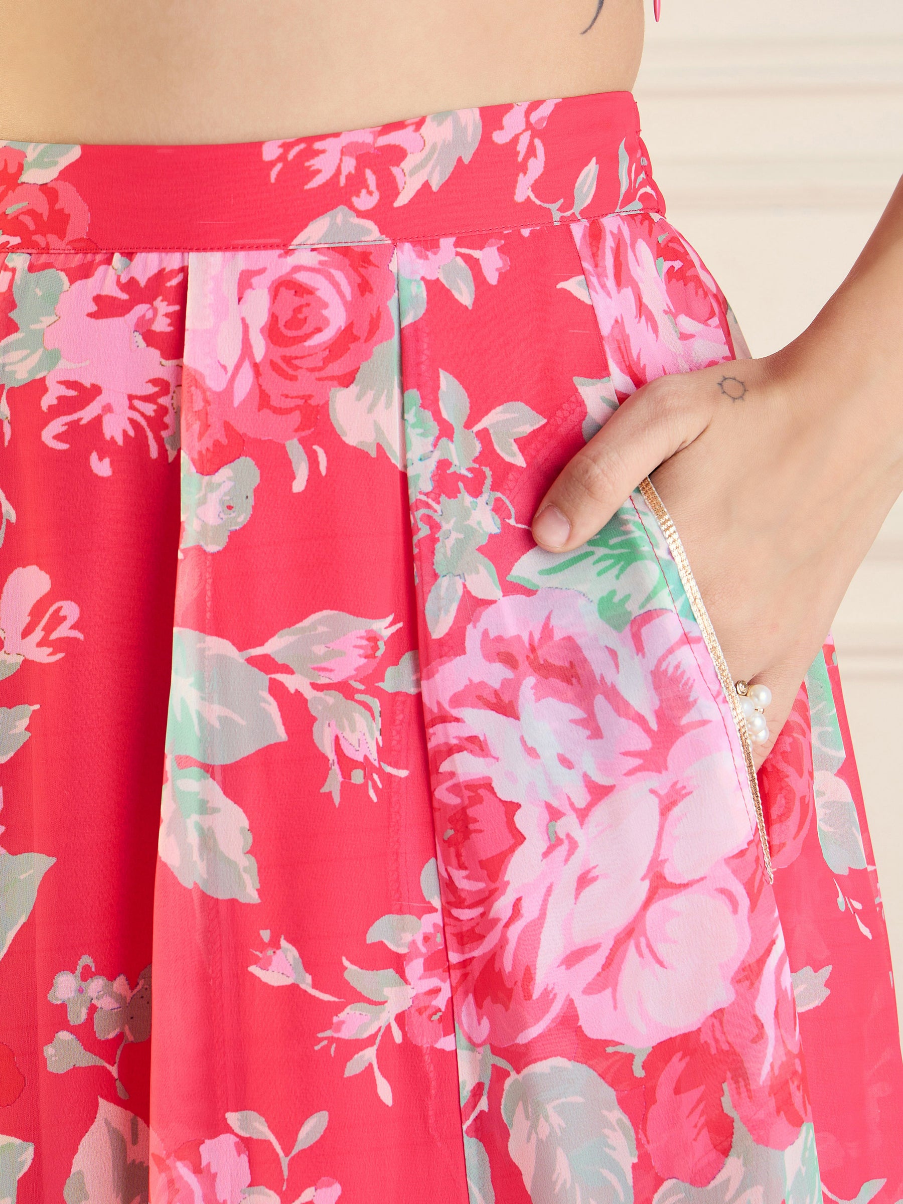 Red Floral Anarkali Skirt With Crop Top-Shae by SASSAFRAS