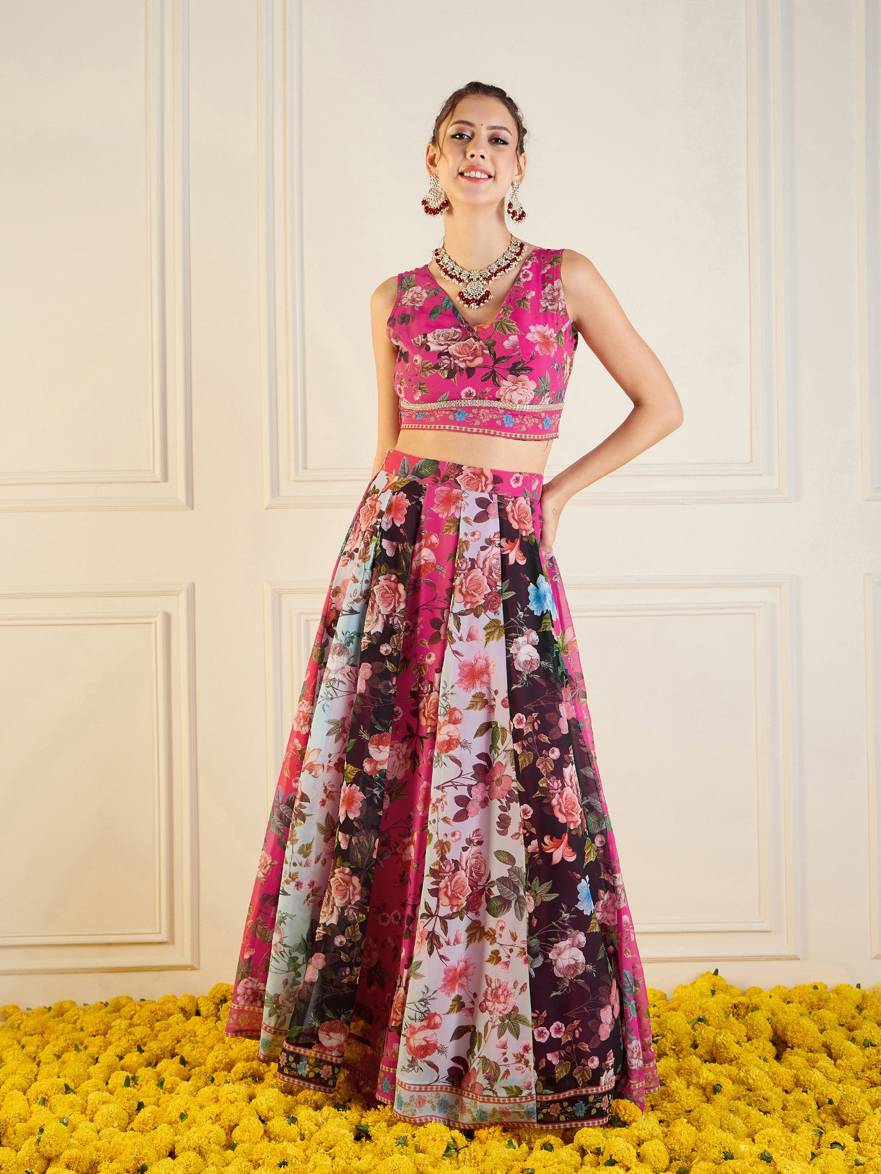 Fuchsia & Black Floral Anarkali Skirt With Crop Top-Shae by SASSAFRAS