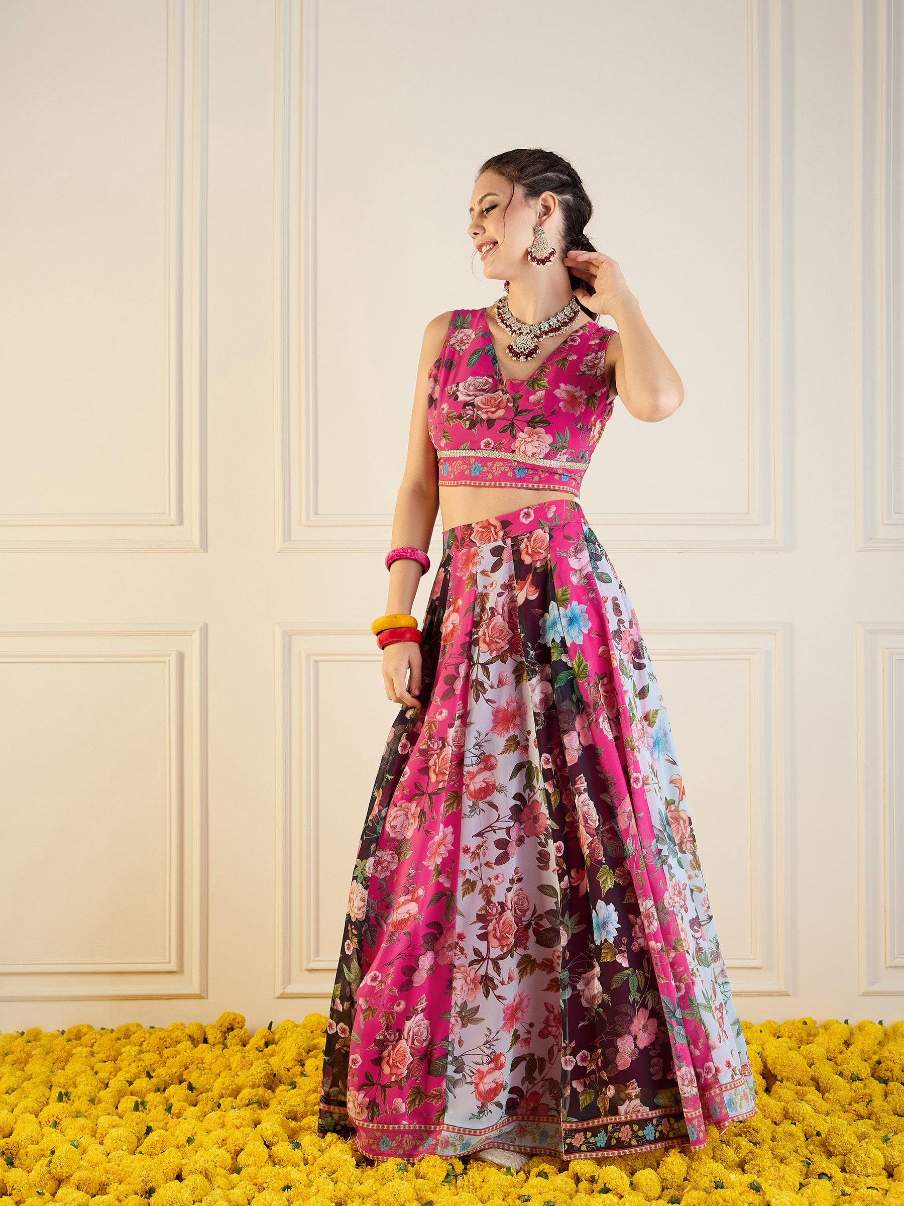 Fuchsia & Black Floral Anarkali Skirt With Crop Top-Shae by SASSAFRAS