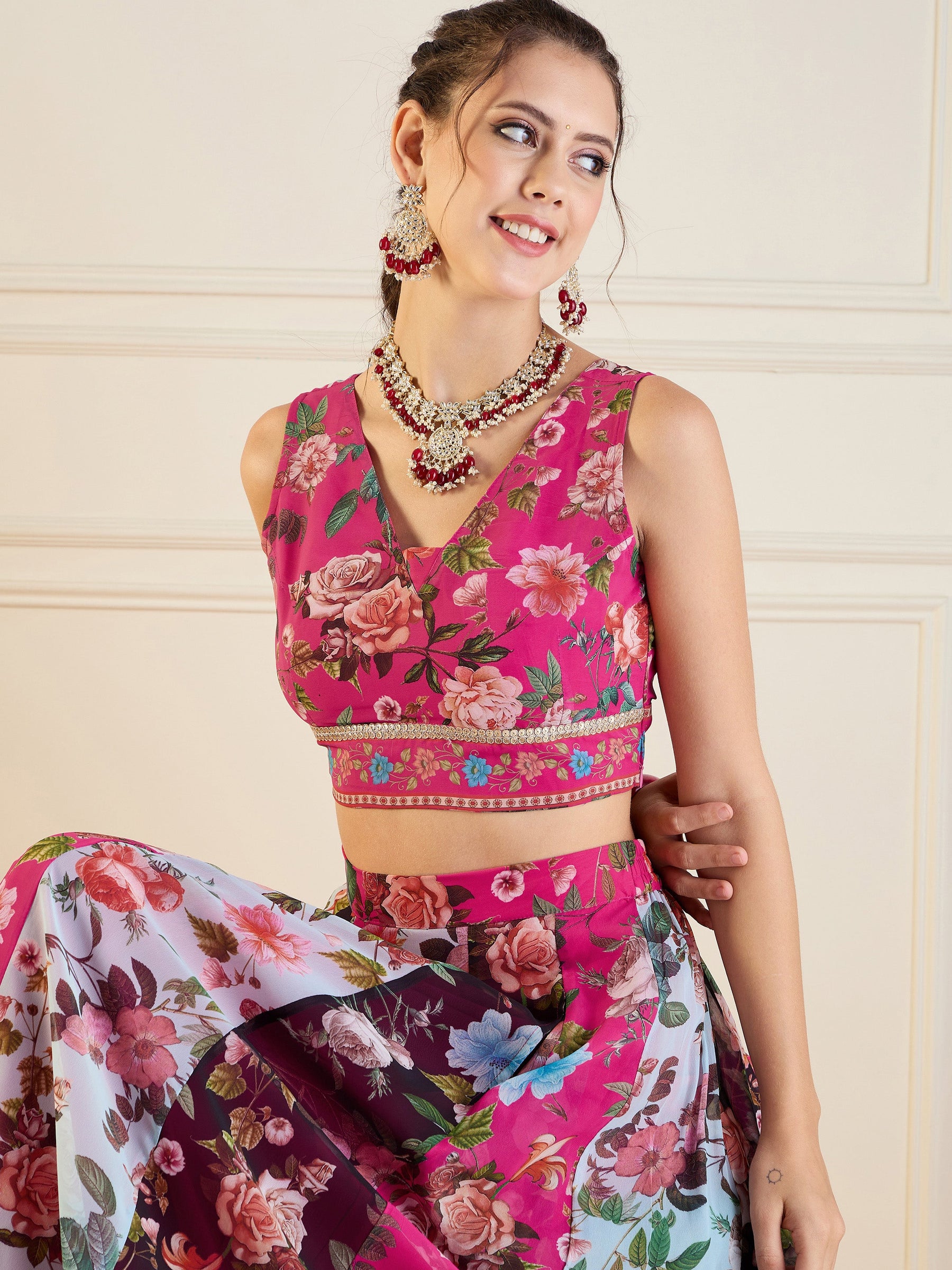 Fuchsia & Black Floral Anarkali Skirt With Crop Top-Shae by SASSAFRAS