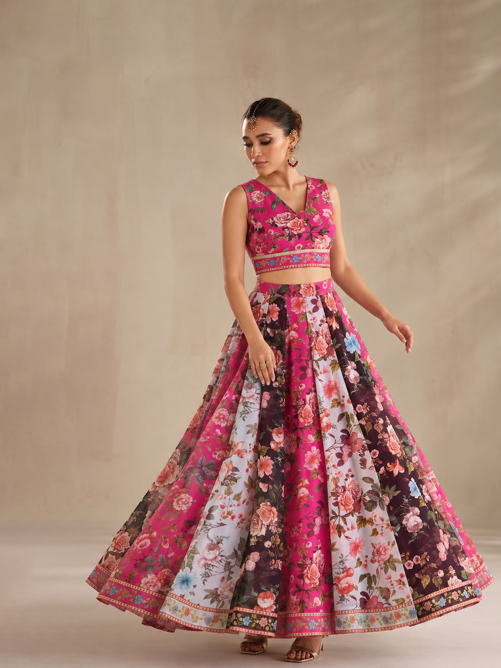 Fuchsia & Black Floral Anarkali Skirt With Crop Top-Shae by SASSAFRAS