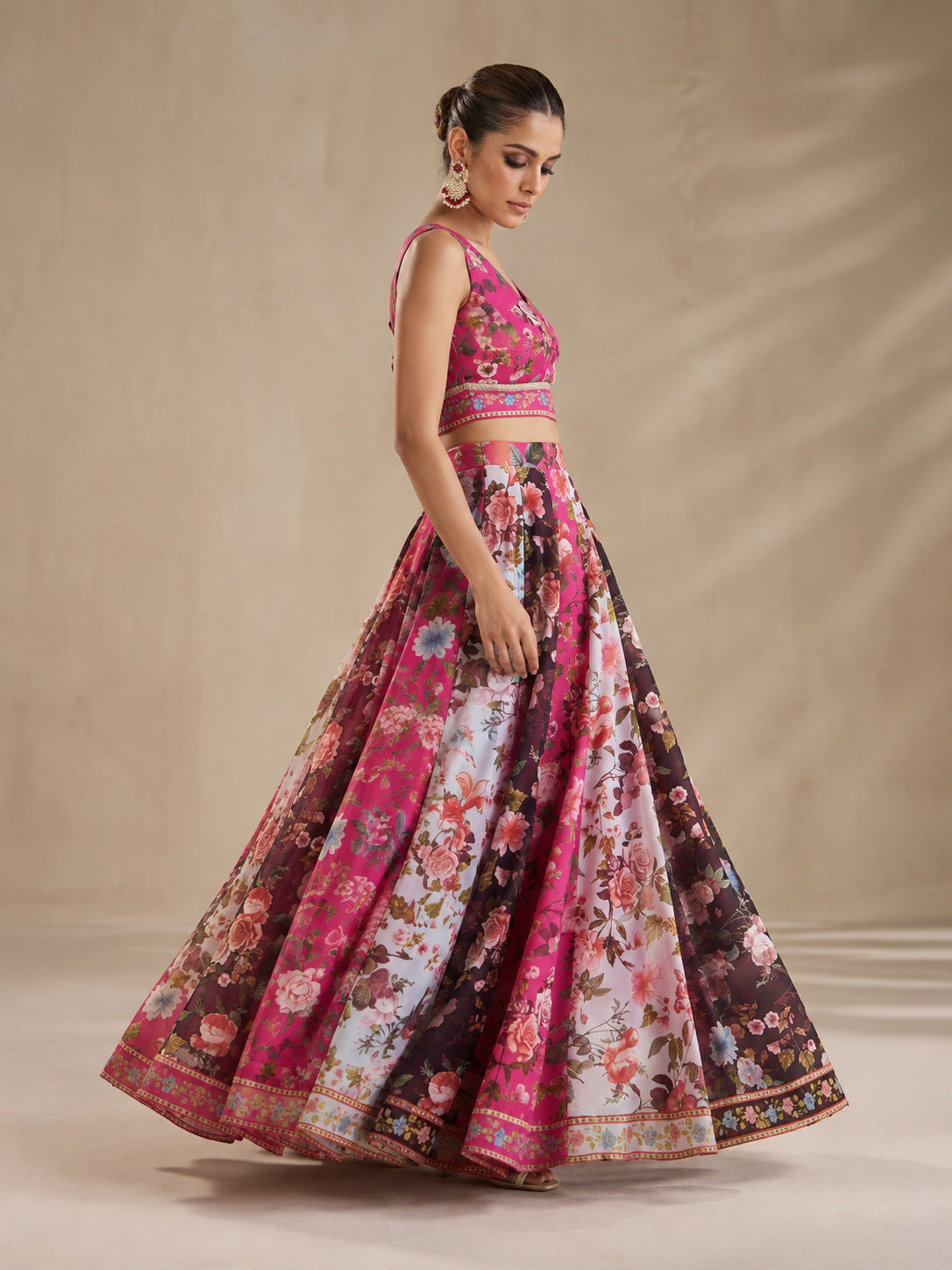 Fuchsia & Black Floral Anarkali Skirt With Crop Top-Shae by SASSAFRAS