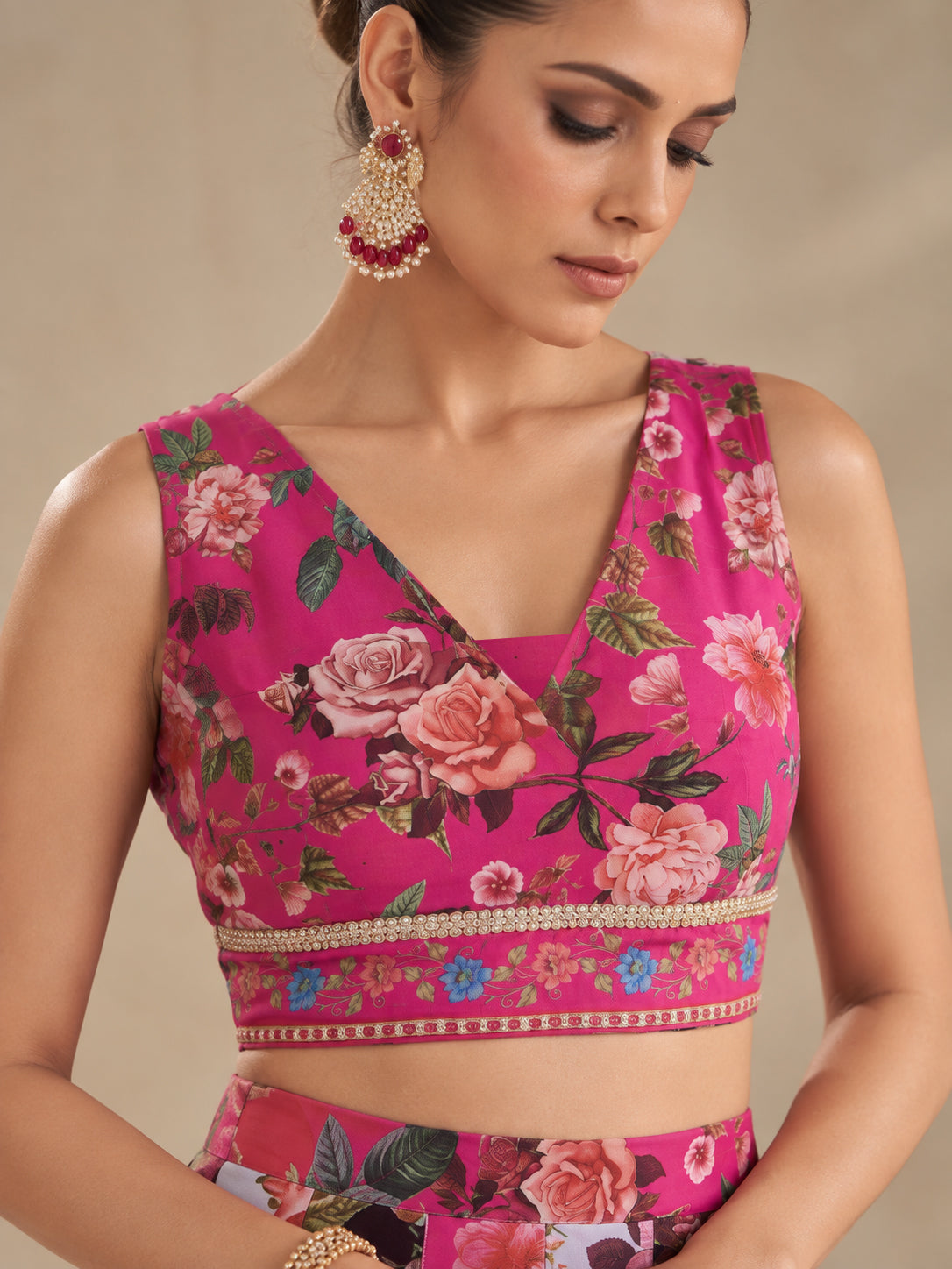 Fuchsia & Black Floral Anarkali Skirt With Crop Top-Shae by SASSAFRAS