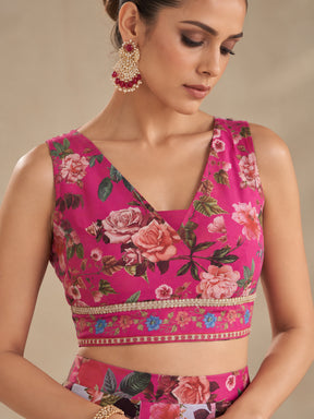 Fuchsia & Black Floral Anarkali Skirt With Crop Top-Shae by SASSAFRAS