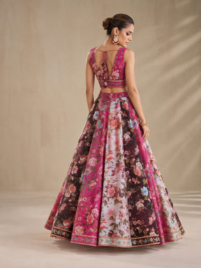 Fuchsia & Black Floral Anarkali Skirt With Crop Top-Shae by SASSAFRAS