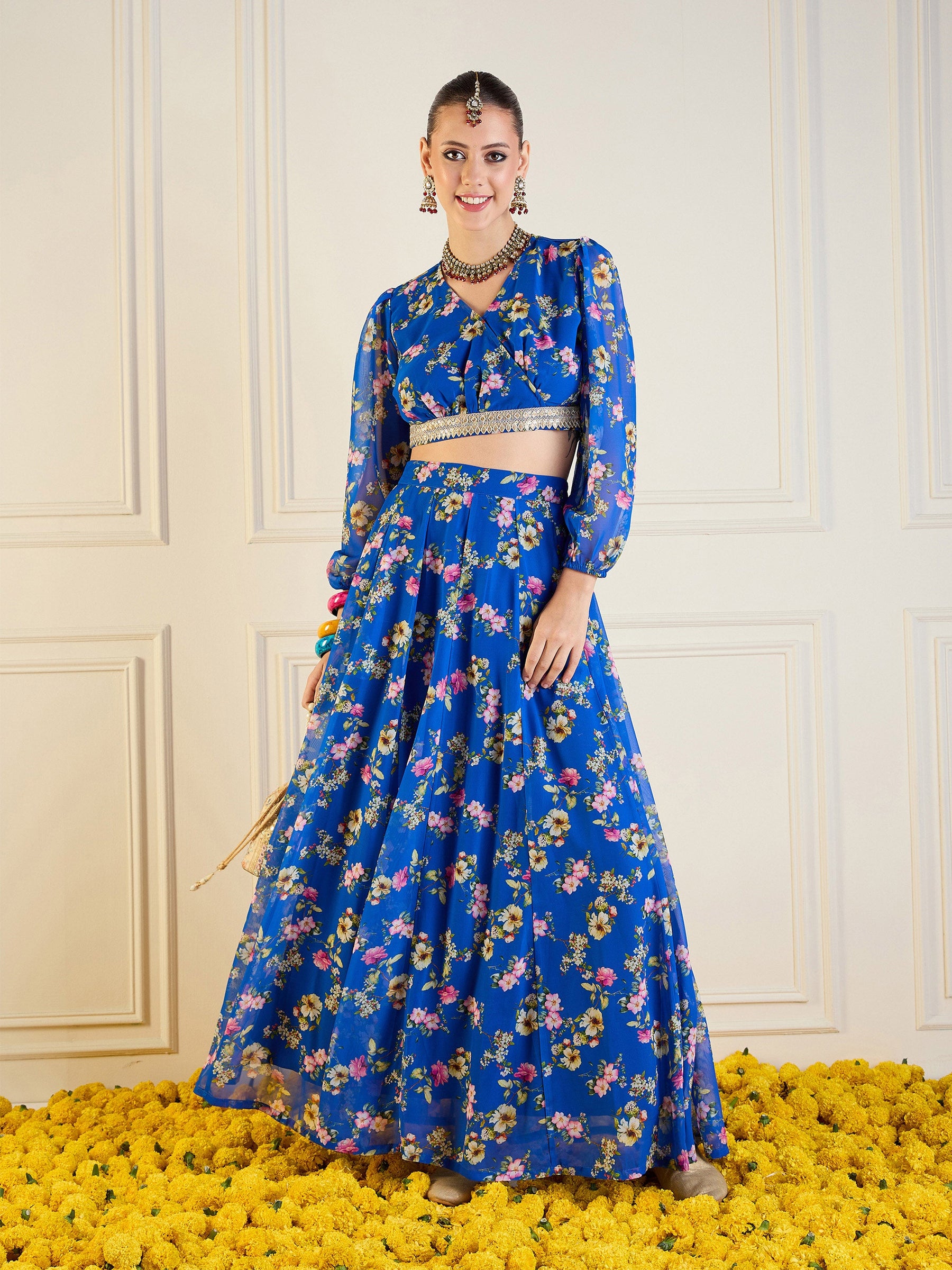Buy Royal Blue Floral Anarkali Skirt With Wrap Crop Top Online At