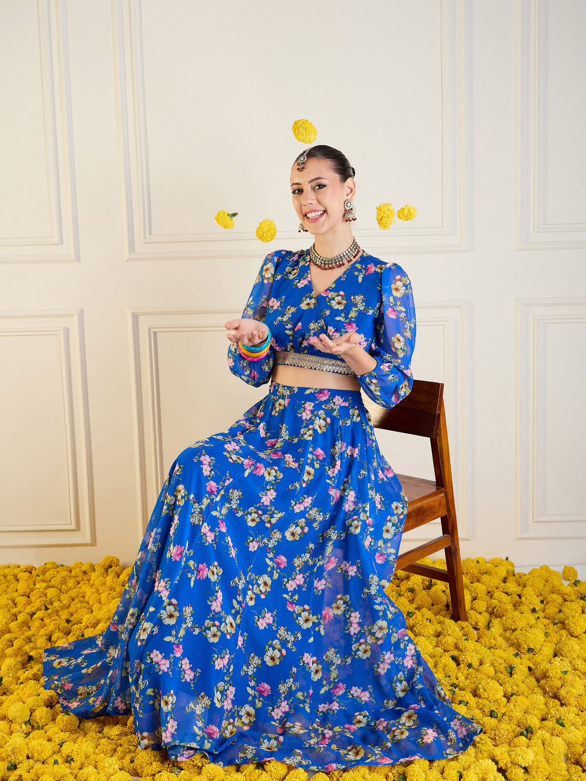 Royal Blue Floral Anarkali Skirt With Wrap Crop Top-Shae by SASSAFRAS