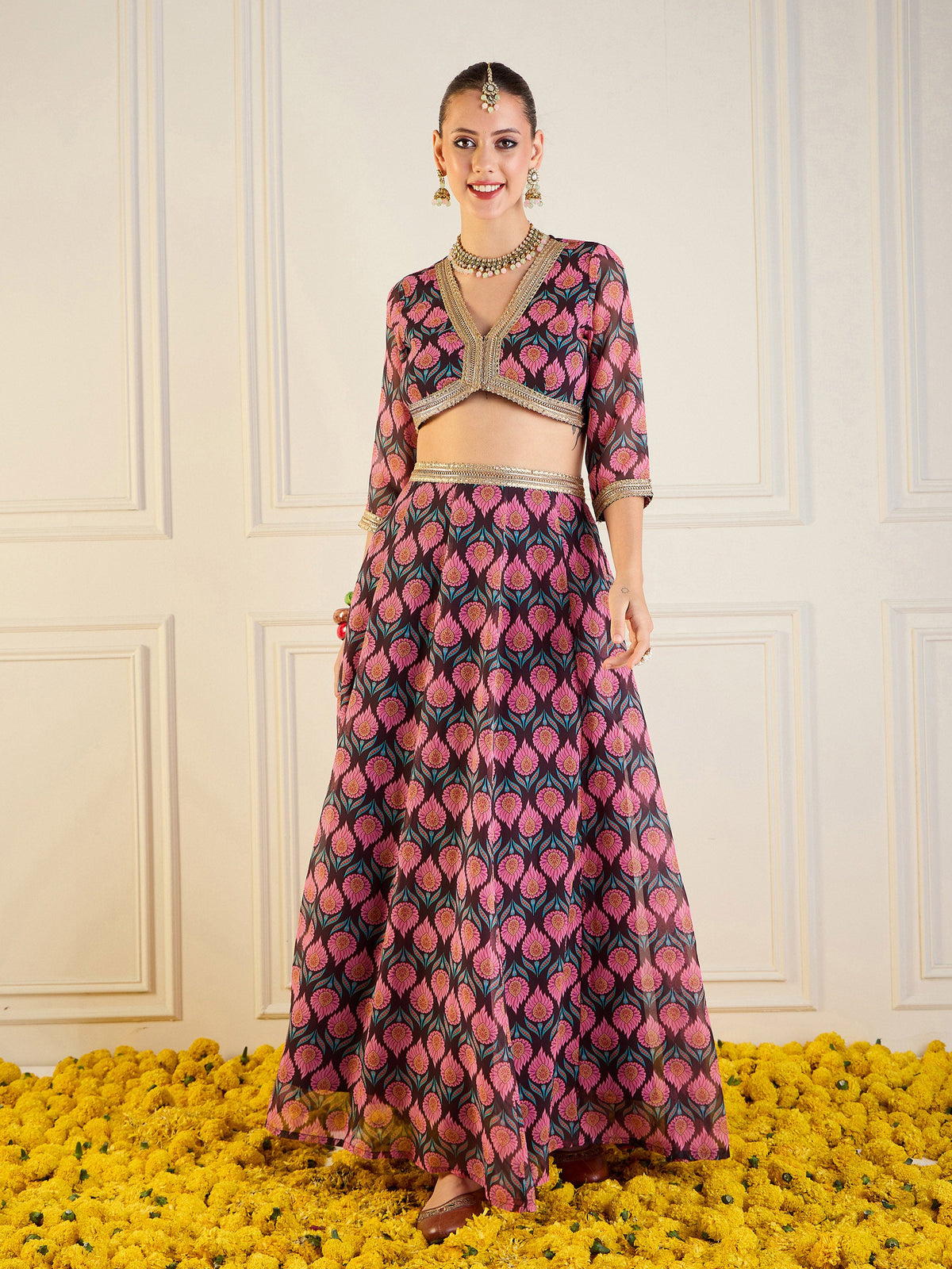 Brown Floral Anarkali Skirt With Crop Top-Shae by SASSAFRAS