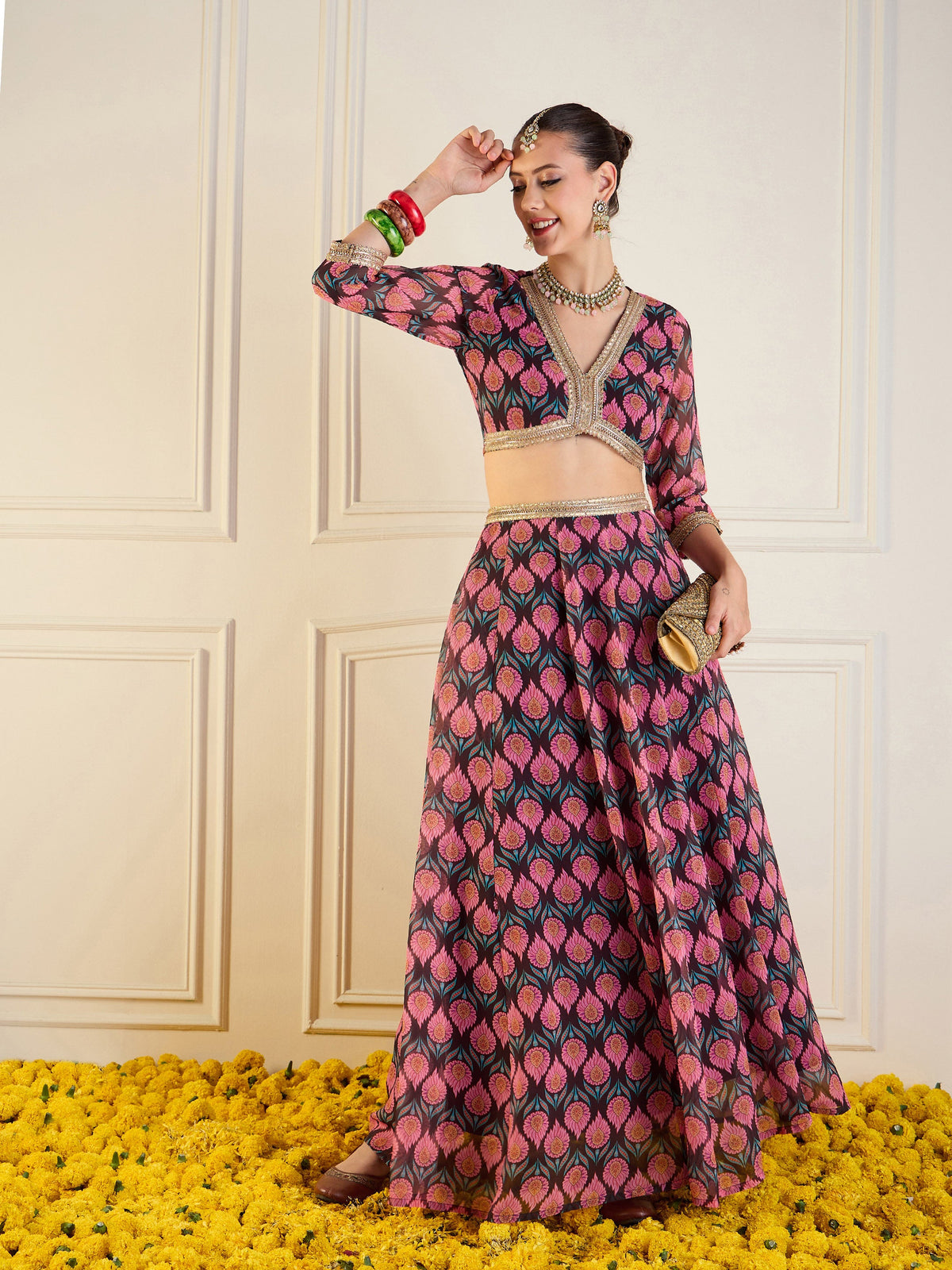 Brown Floral Anarkali Skirt With Crop Top-Shae by SASSAFRAS