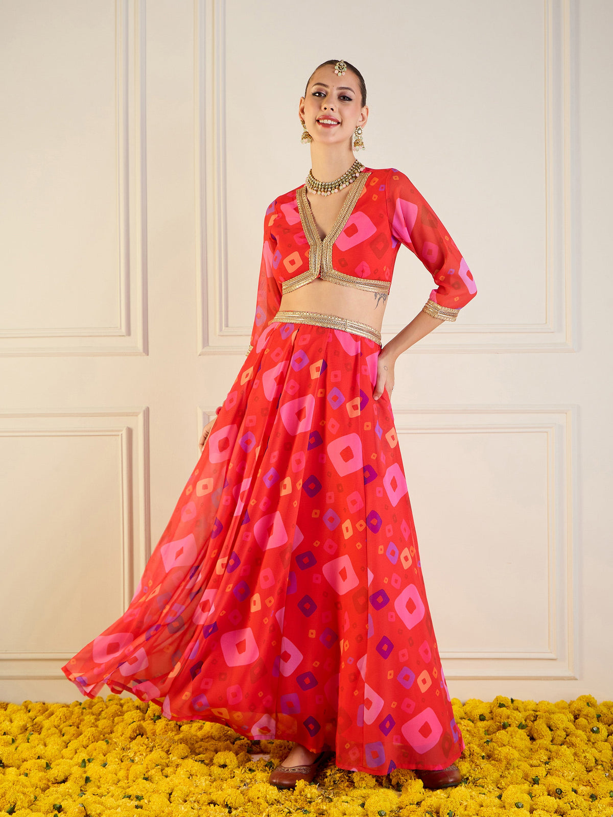 Red Bandhej Anarkali Skirt With Crop Top-Shae by SASSAFRAS