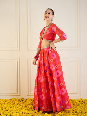 Red Bandhej Anarkali Skirt With Crop Top-Shae by SASSAFRAS