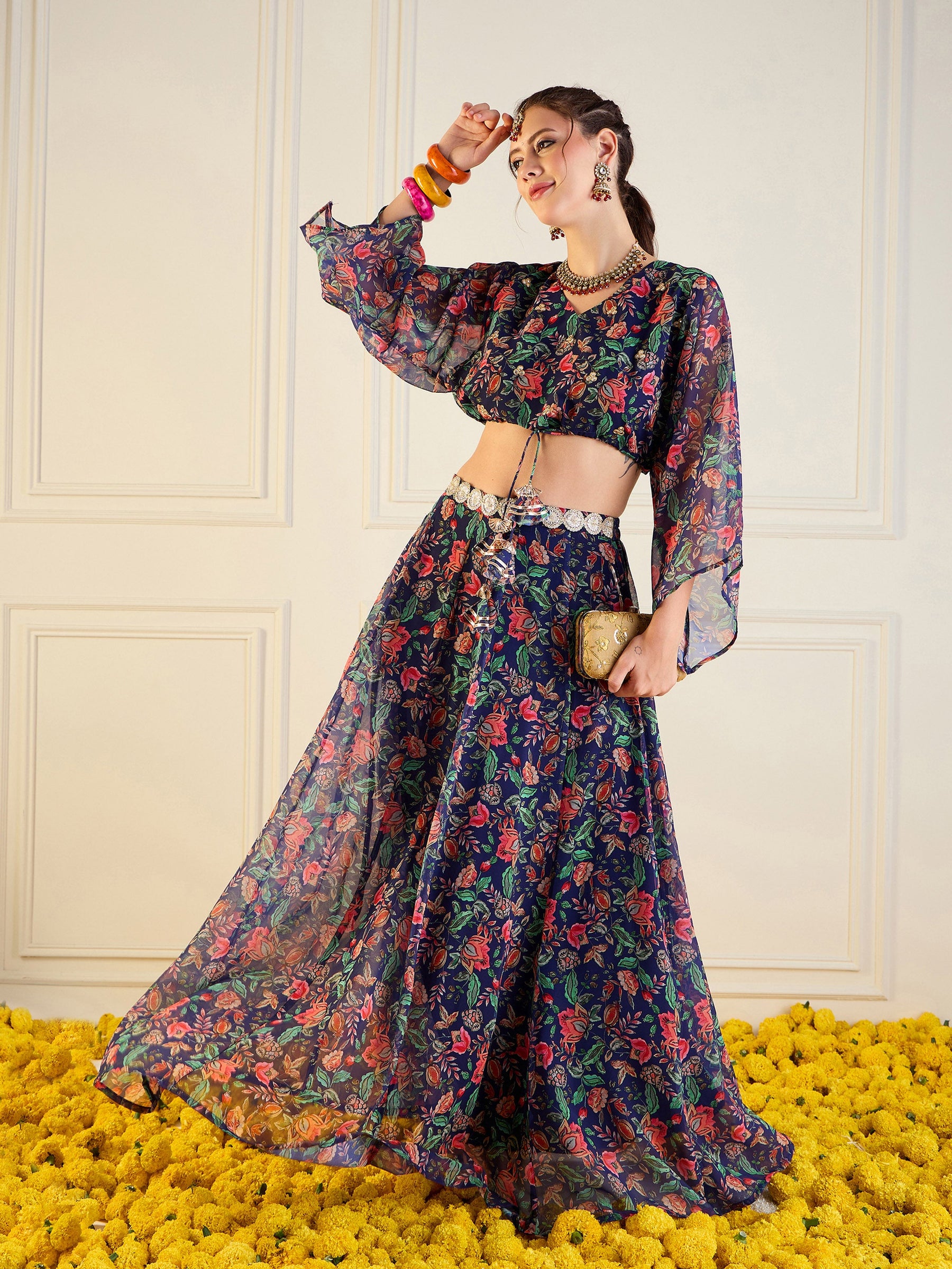 Navy Floral Anarkali Skirt With Front Dori Crop Top-Shae by SASSAFRAS