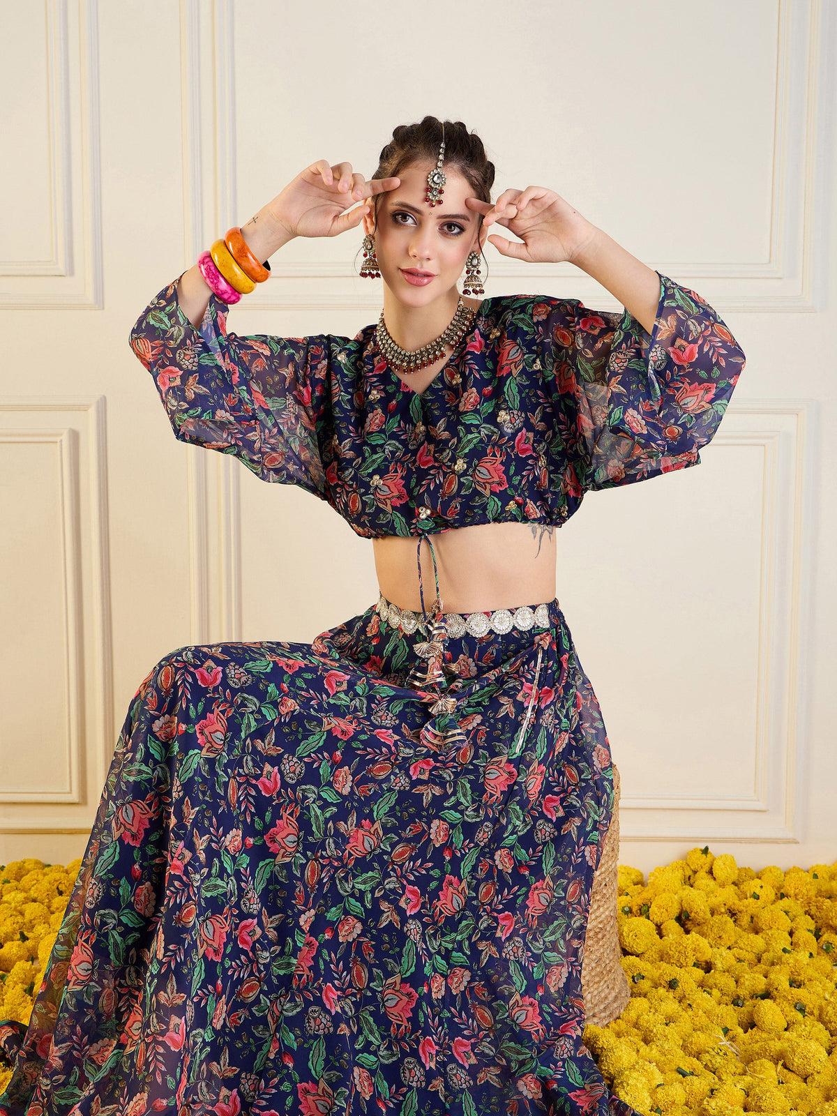 Navy Floral Anarkali Skirt With Front Dori Crop Top-Shae by SASSAFRAS