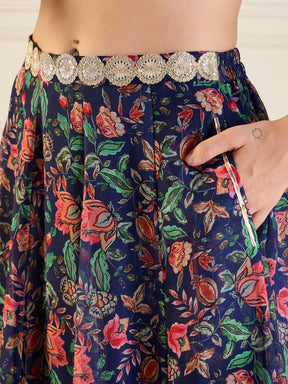 Navy Floral Anarkali Skirt With Front Dori Crop Top-Shae by SASSAFRAS