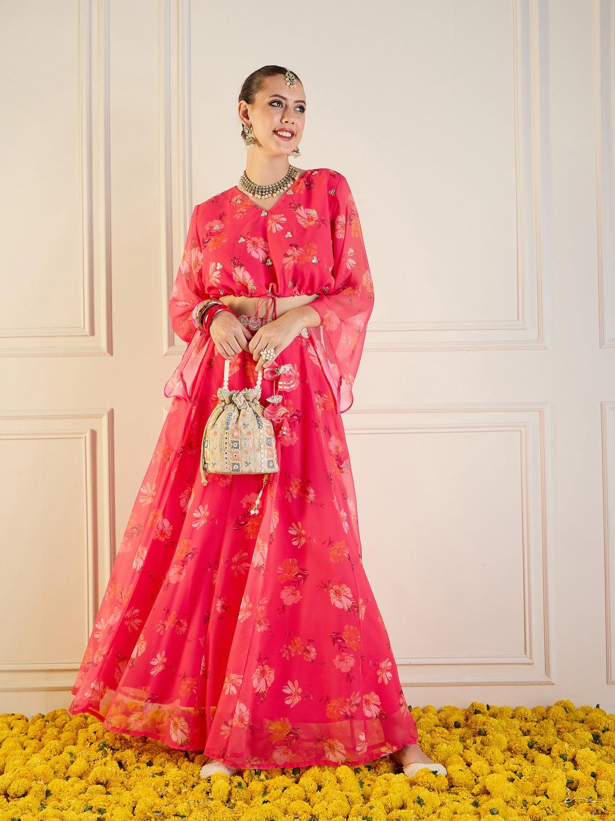 Fuchsia Floral Anarkali Skirt With Front Dori Crop Top-Shae by SASSAFRAS