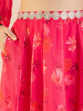 Fuchsia Floral Anarkali Skirt With Front Dori Crop Top-Shae by SASSAFRAS