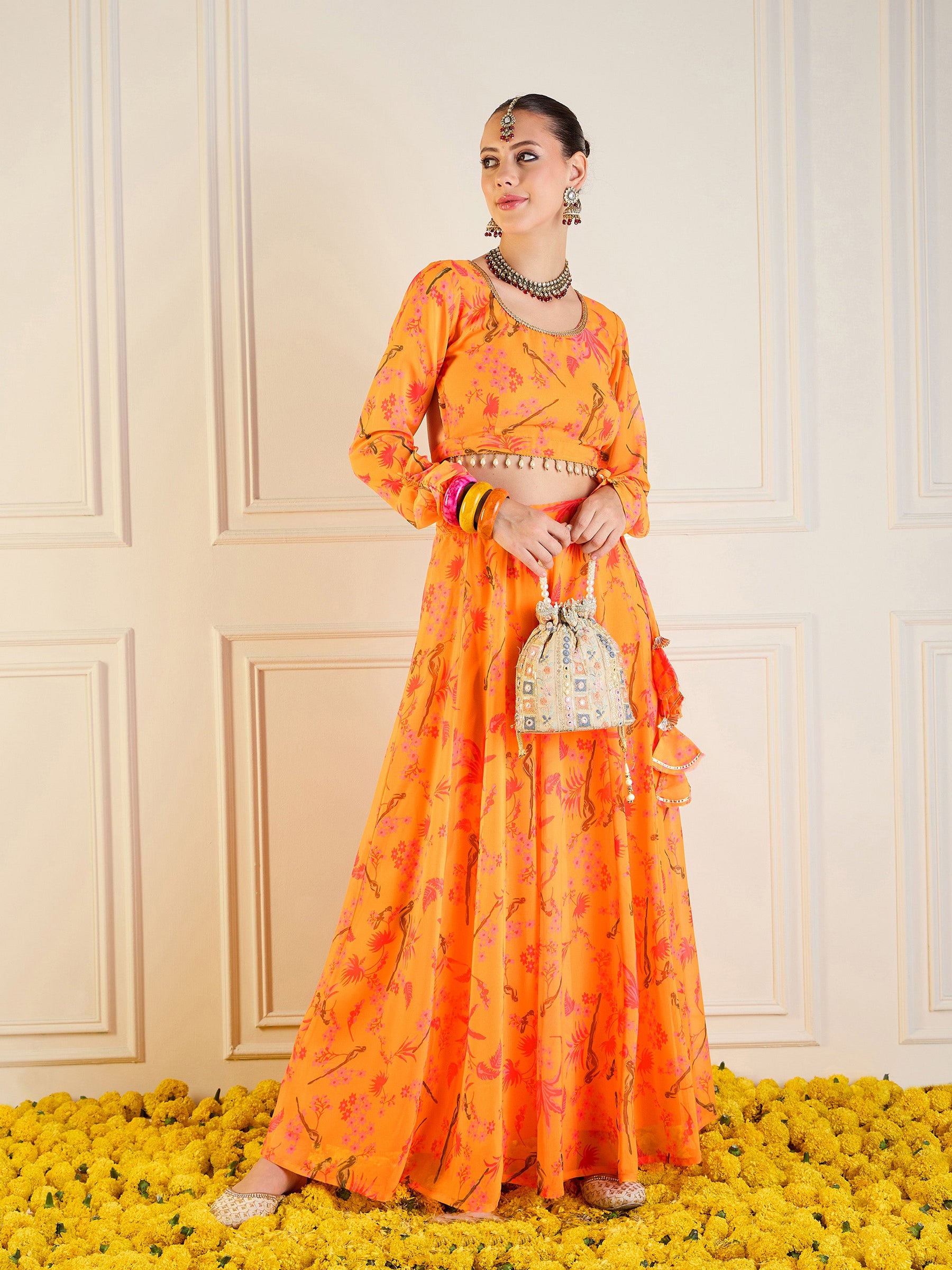 Mustard Printed Anarkali Skirt With Crop Top-Shae by SASSAFRAS