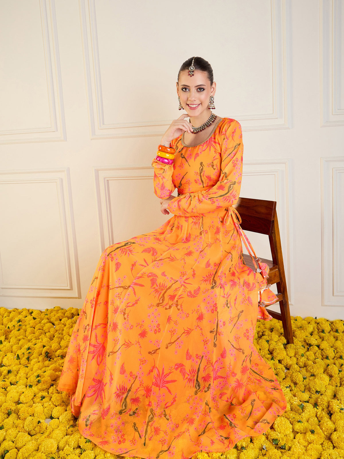 Mustard Printed Anarkali Skirt With Crop Top-Shae by SASSAFRAS