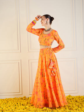 Mustard Printed Anarkali Skirt With Crop Top-Shae by SASSAFRAS