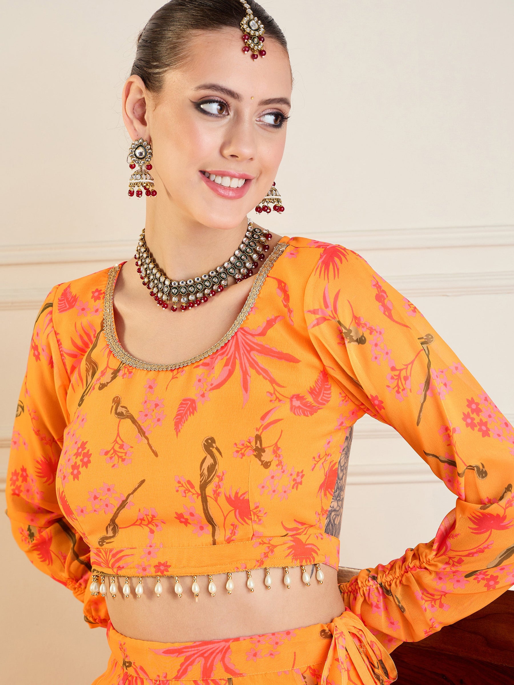 Mustard Printed Anarkali Skirt With Crop Top-Shae by SASSAFRAS