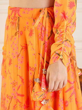 Mustard Printed Anarkali Skirt With Crop Top-Shae by SASSAFRAS