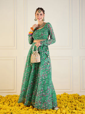 Green Printed Anarkali Skirt With Crop Top-Shae by SASSAFRAS