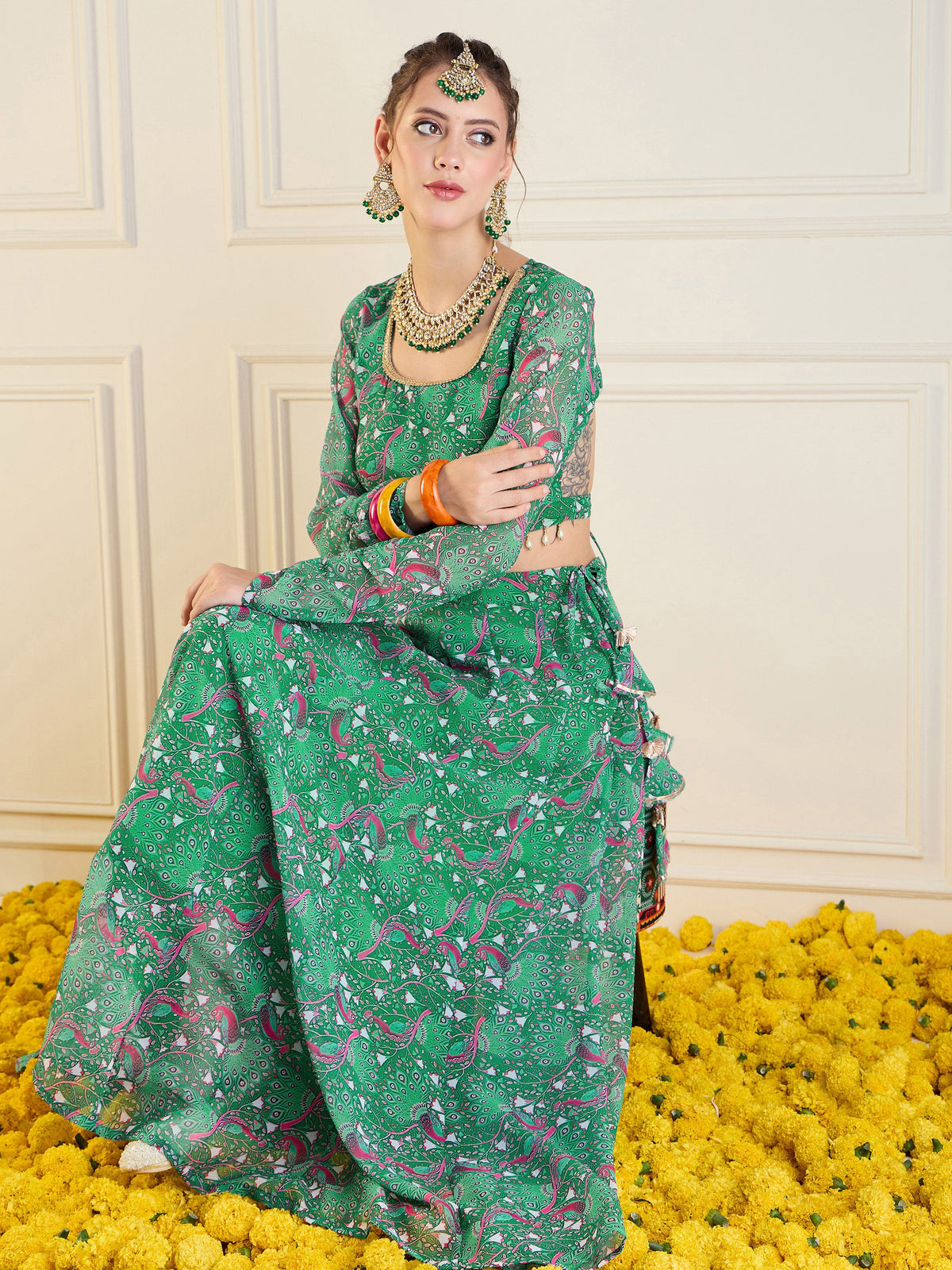 Green Printed Anarkali Skirt With Crop Top-Shae by SASSAFRAS