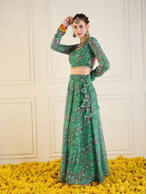 Green Printed Anarkali Skirt With Crop Top-Shae by SASSAFRAS