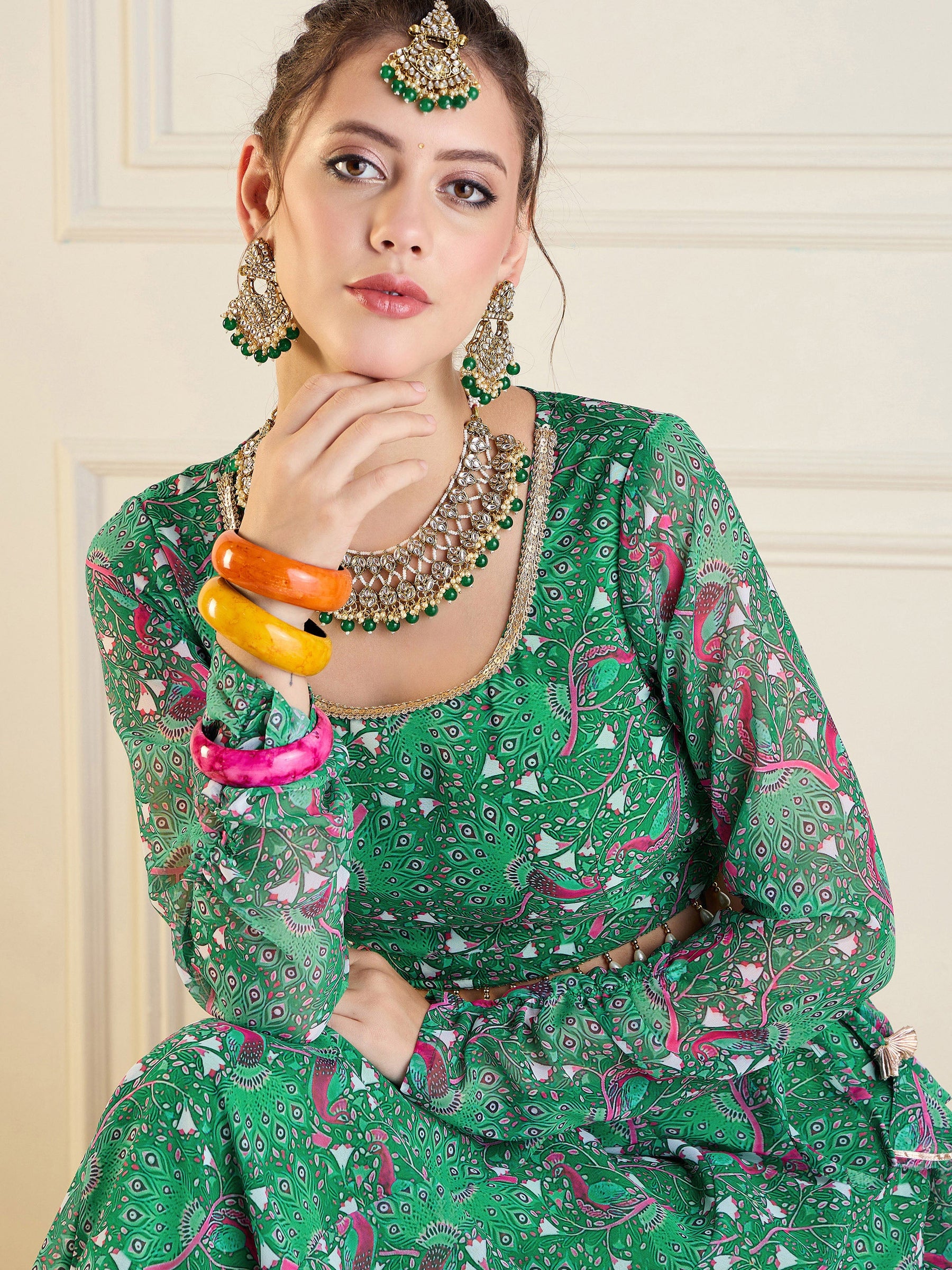 Green Printed Anarkali Skirt With Crop Top-Shae by SASSAFRAS