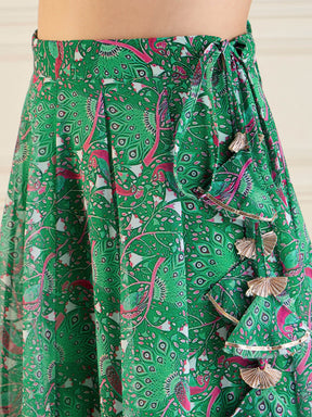 Green Printed Anarkali Skirt With Crop Top-Shae by SASSAFRAS