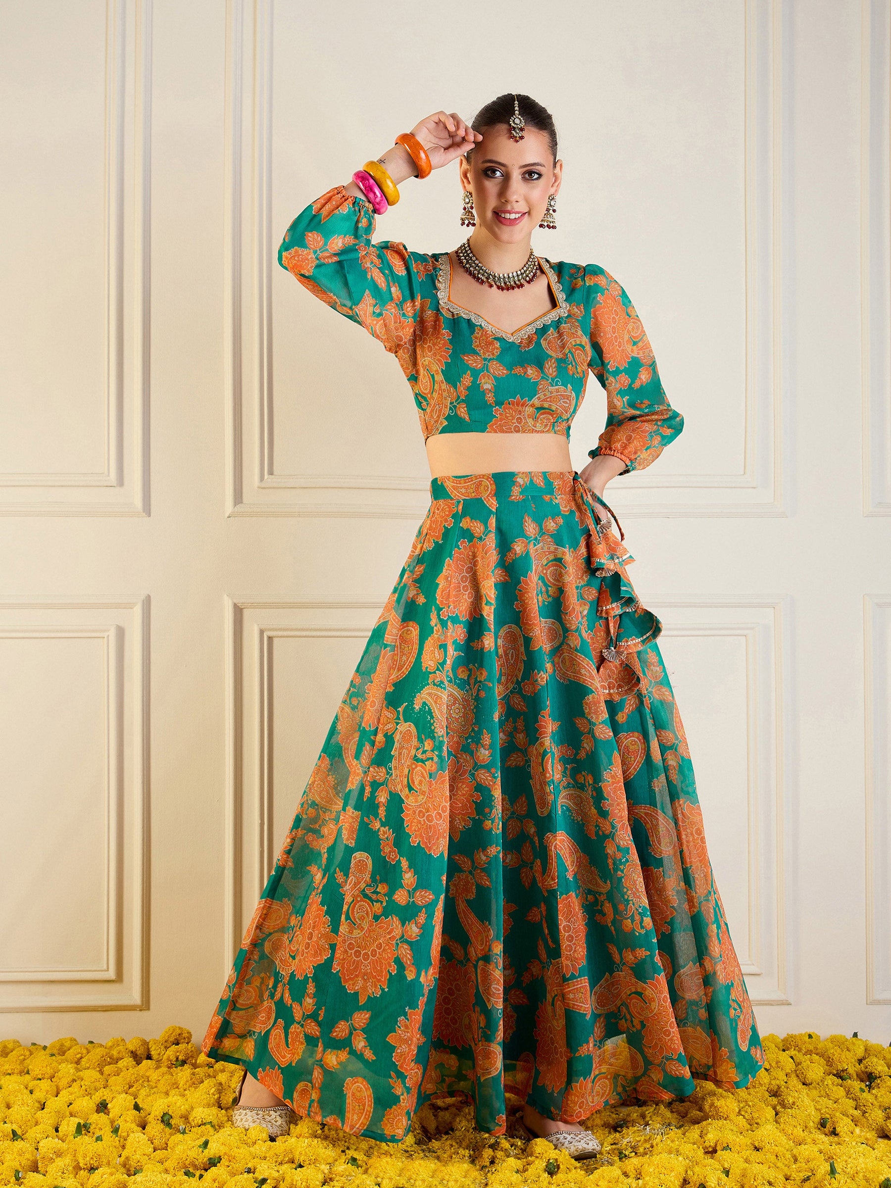 Women Green Mustard Floral Anarkali Skirt With Crop Top