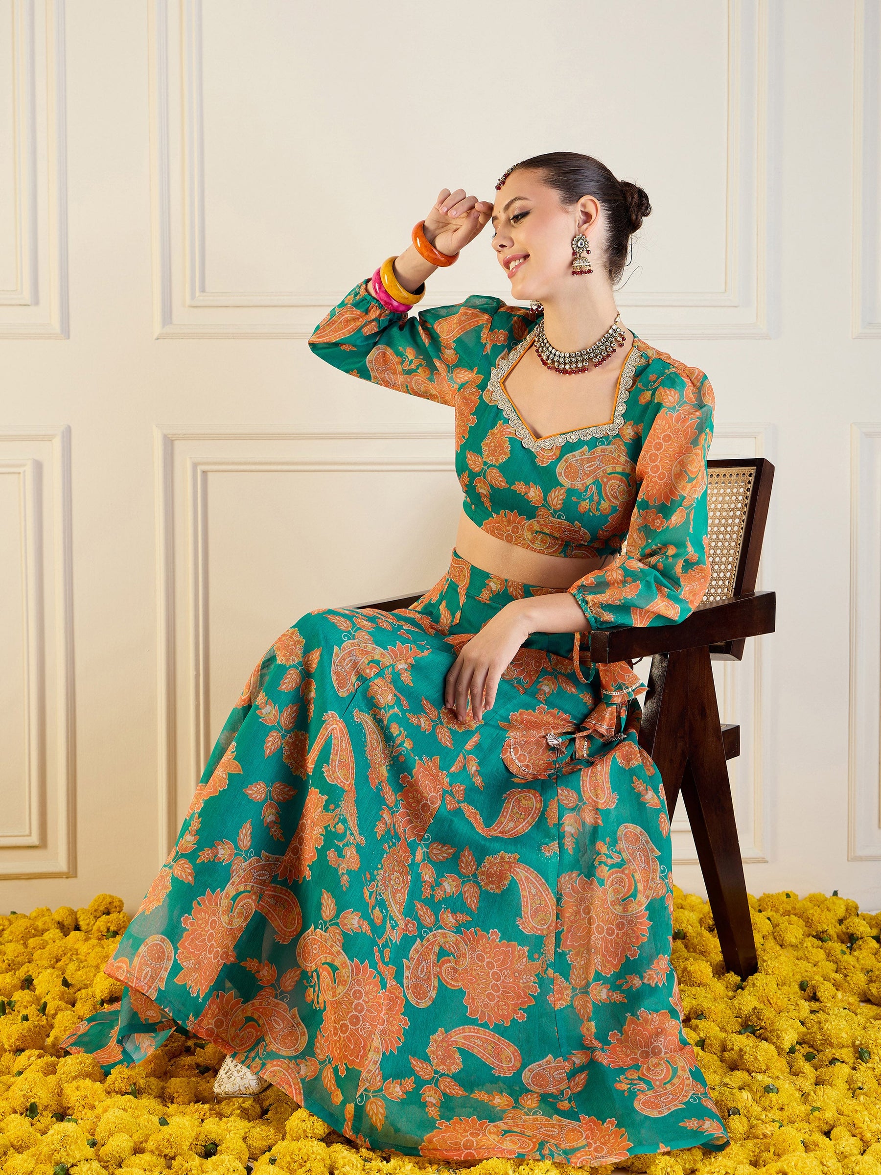 Green & Mustard Floral Anarkali Skirt With Crop Top-Shae by SASSAFRAS