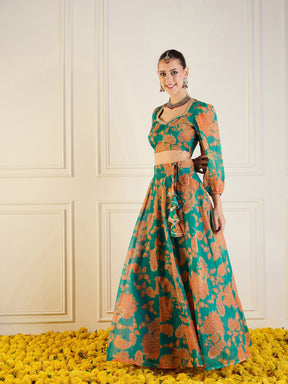 Green & Mustard Floral Anarkali Skirt With Crop Top-Shae by SASSAFRAS