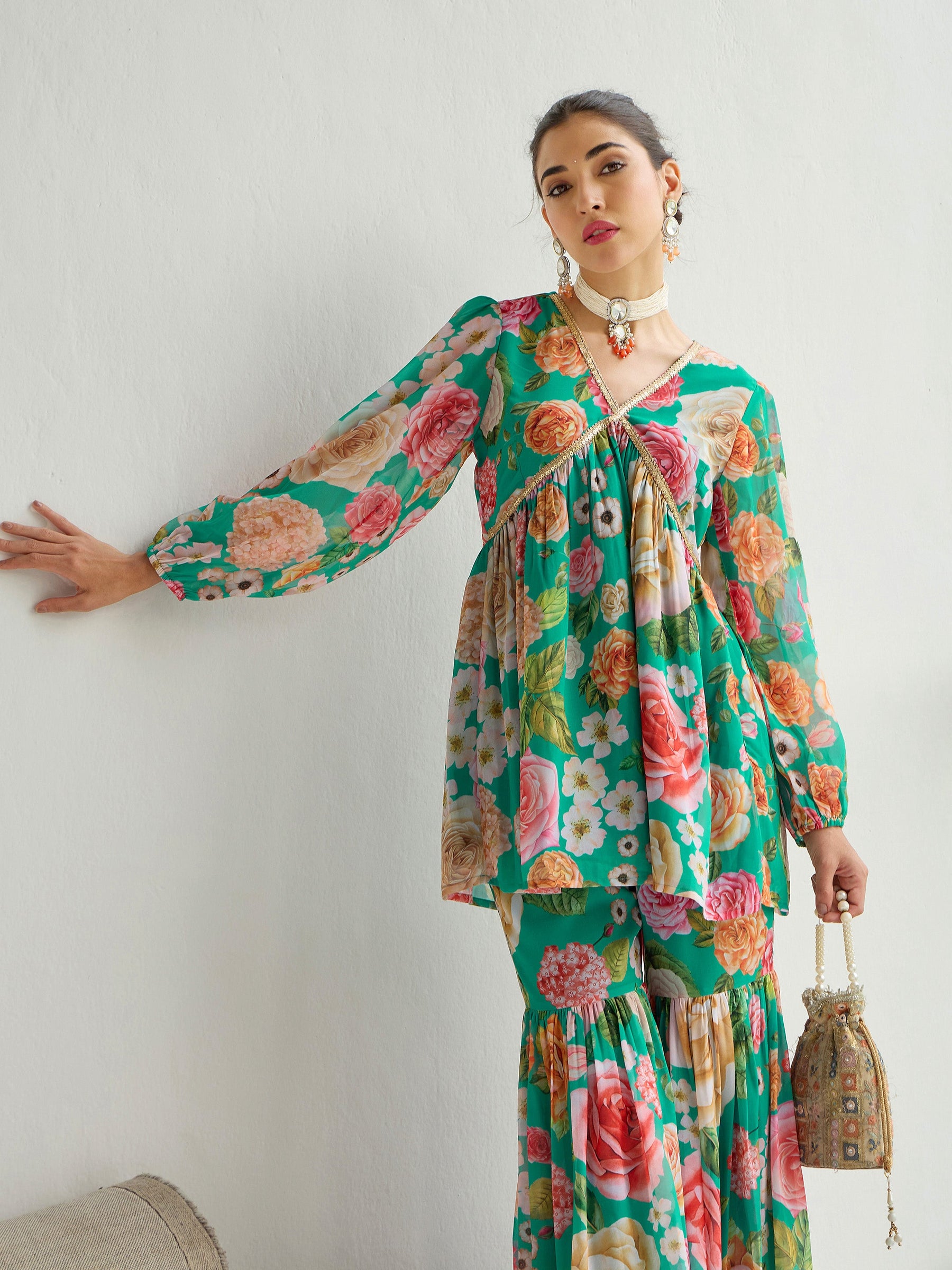 Green Floral Peplum Top With Sharara Pants-Shae by SASSAFRAS