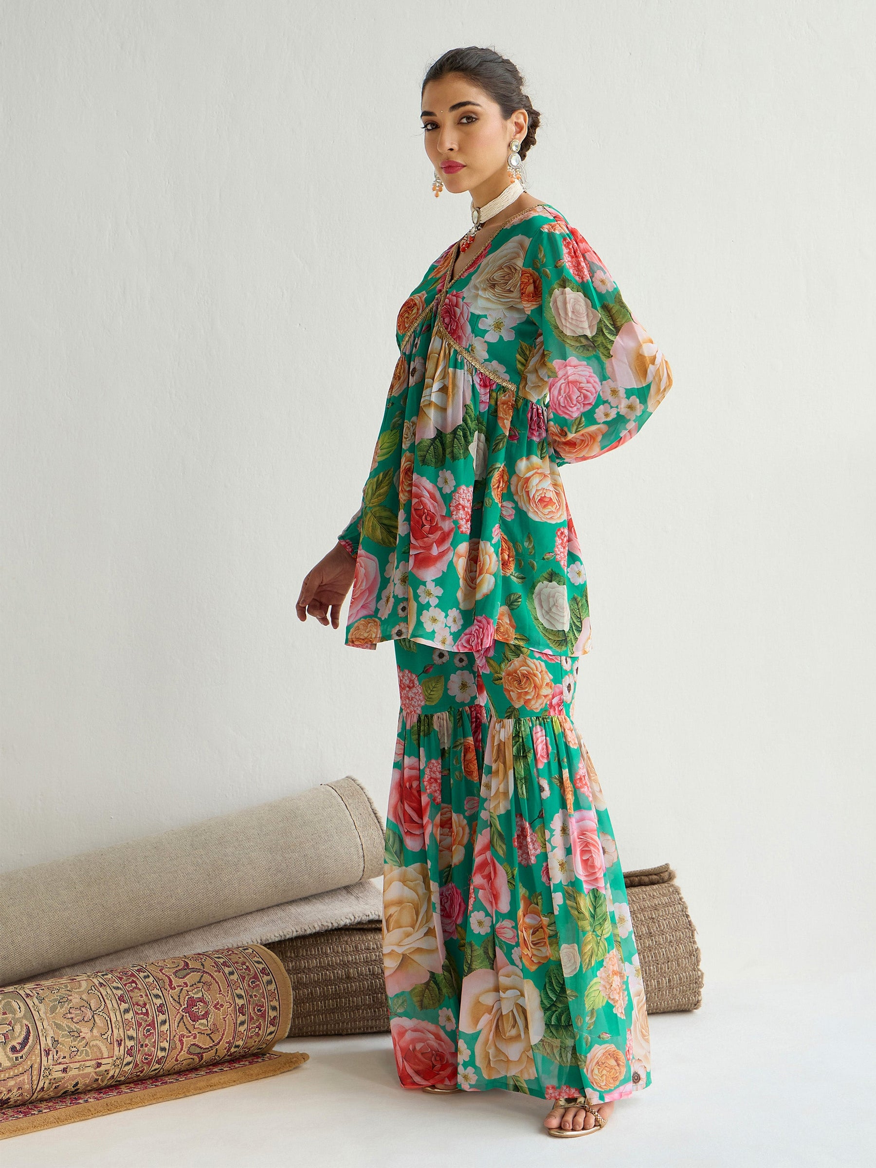 Green Floral Peplum Top With Sharara Pants-Shae by SASSAFRAS