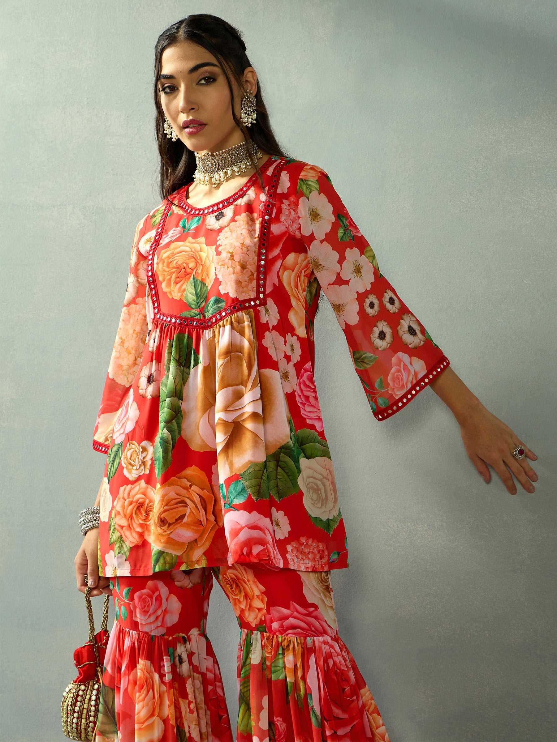 Red Floral Peplum Kurta With Sharara Pants-Shae by SASSAFRAS