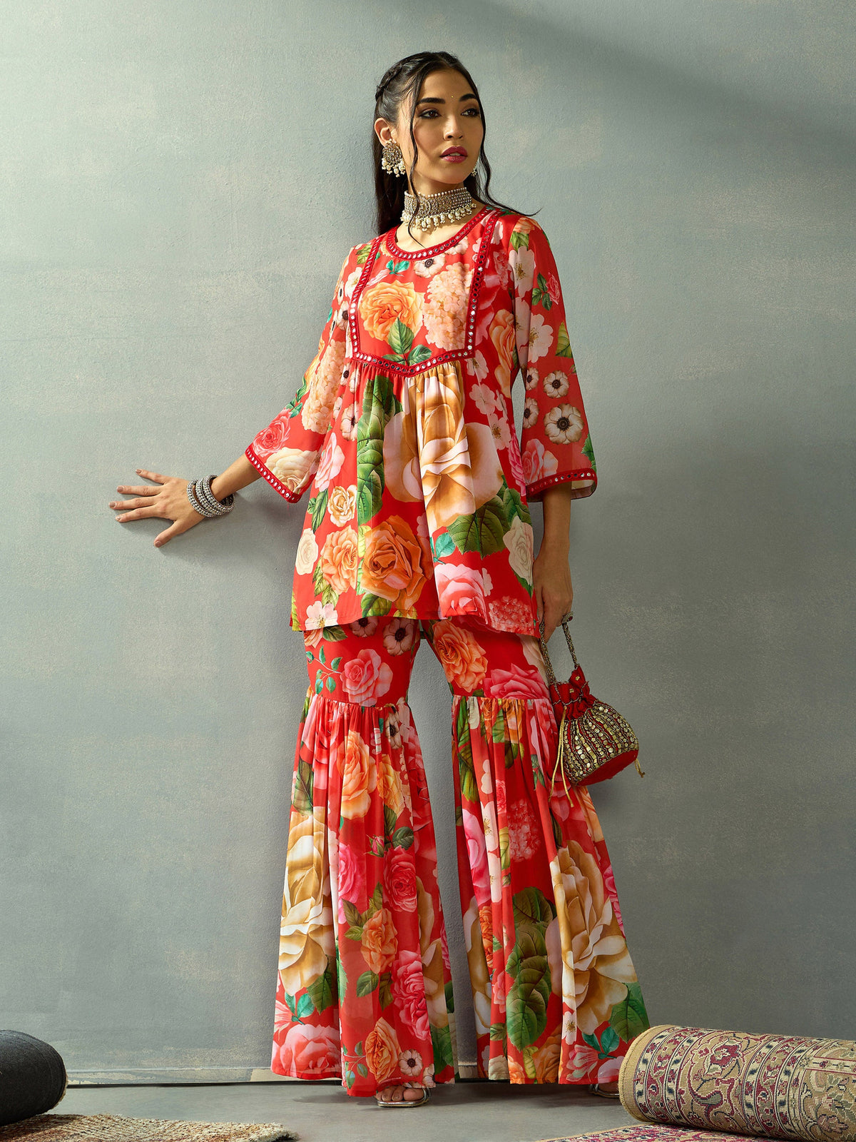 Red Floral Peplum Kurta With Sharara Pants-Shae by SASSAFRAS