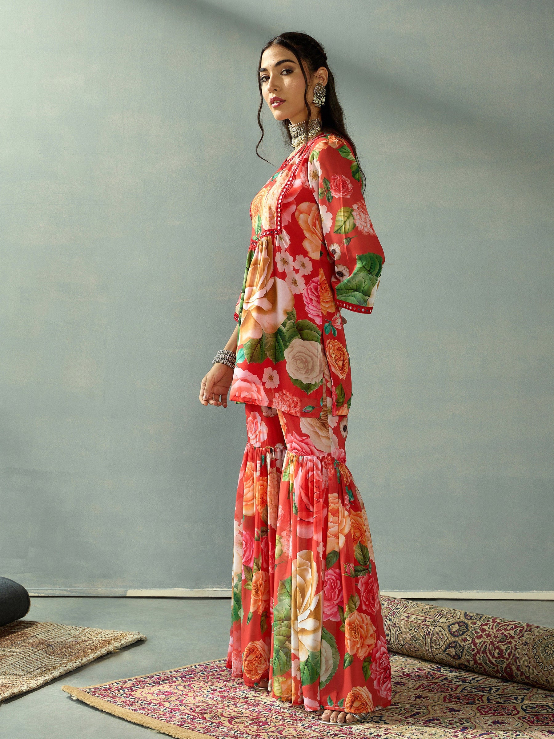 Red Floral Peplum Kurta With Sharara Pants-Shae by SASSAFRAS