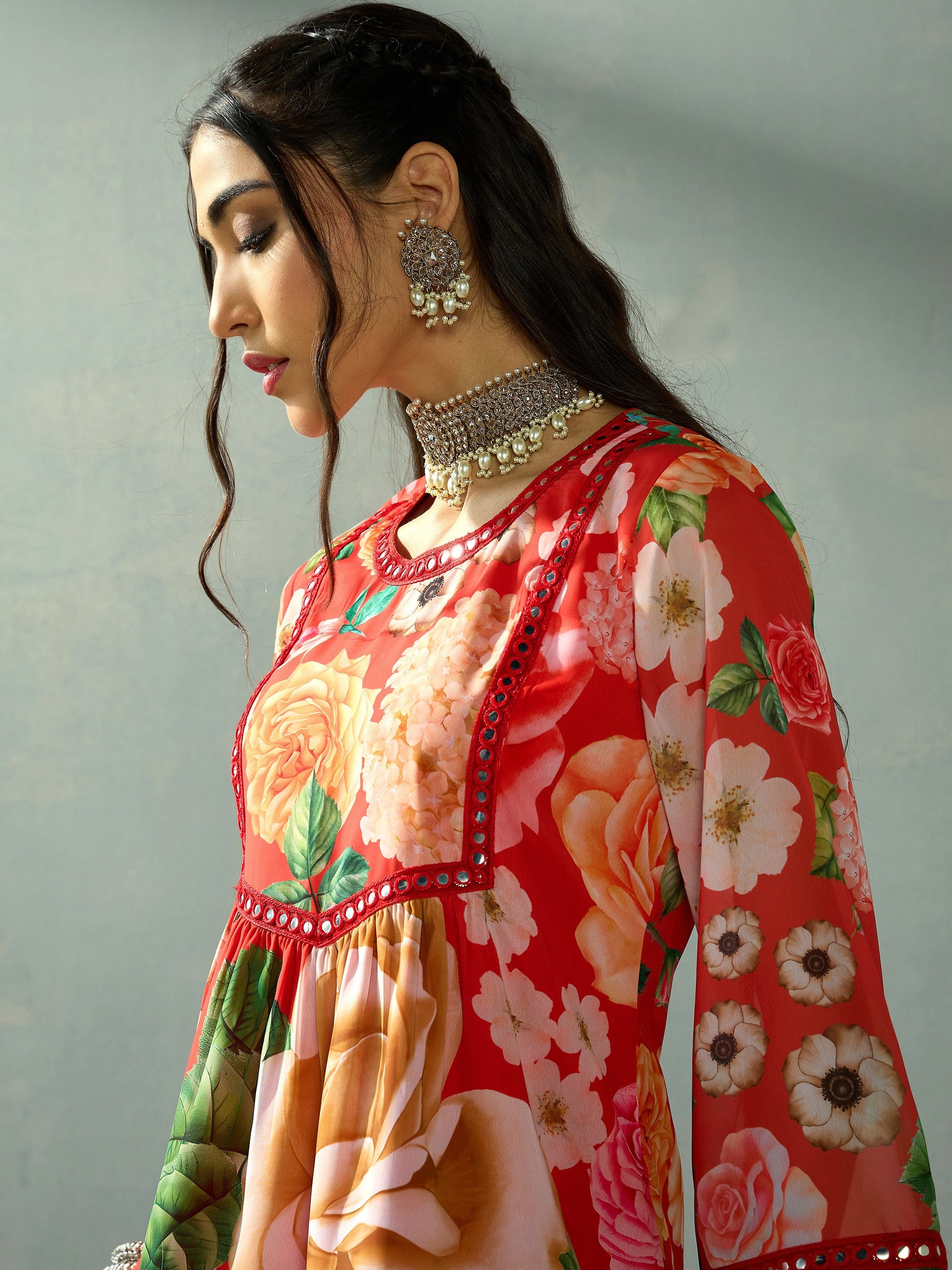 Red Floral Peplum Kurta With Sharara Pants-Shae by SASSAFRAS